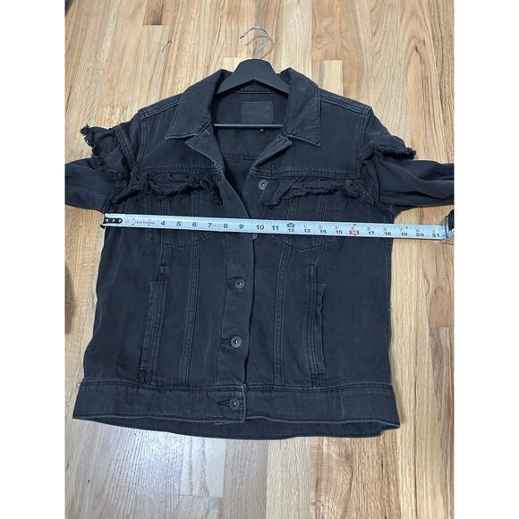 PAIGE RUFFLE HEIDI DENIM JACKET IN NIGHTINGALE BLACK Small Raw Edge Jean Womens - Picture 7 of 10